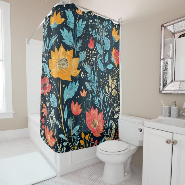 Rideaux De Douche Boho rouge, bleu et jaune (En situation)