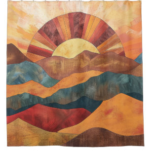 Rideaux De Douche Boho Sunset Over Mountains - Paysage Rétro
