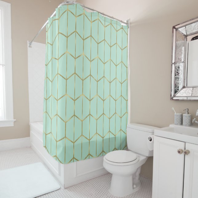 Rideaux De Douche Boho Vert Menthe Hexagone Or & Glam Géométrique (En situation)
