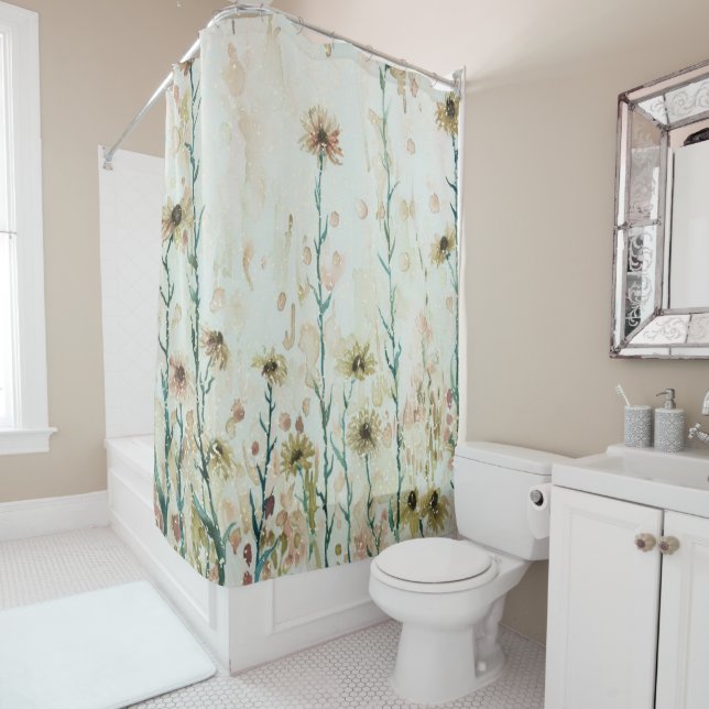 Rideaux De Douche Boho Vintage Beige Fleurs Sauvages (En situation)