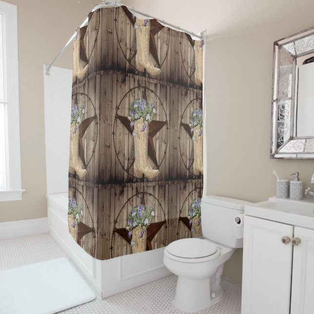 Rideaux De Douche bois de grange rustique fleur sauvage étoile occid (En situation)