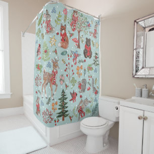 Rideaux De Douche Bois d'hiver Animaux Motif de la forêt de neige bl