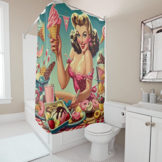 Rideaux De Douche Bonbon Rétro Épinglé (En situation)