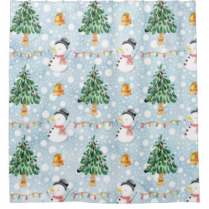 Rideaux De Douche Bonhomme de neige avec sapin en motif aquarelle