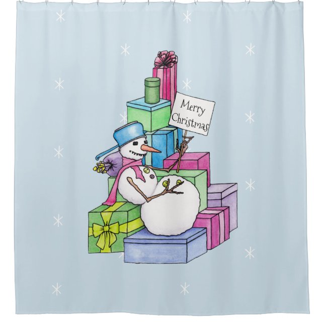 Rideaux De Douche Bonhomme de neige se détendant sur des cadeaux (Devant)