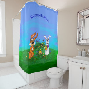 Rideaux De Douche Bonne Pâques ! Lapin avec lapin et poussin