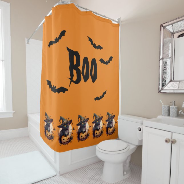 Rideaux De Douche Boo | Chat Noir Effrayant Et Orange Jack-o-Lantern (En situation)