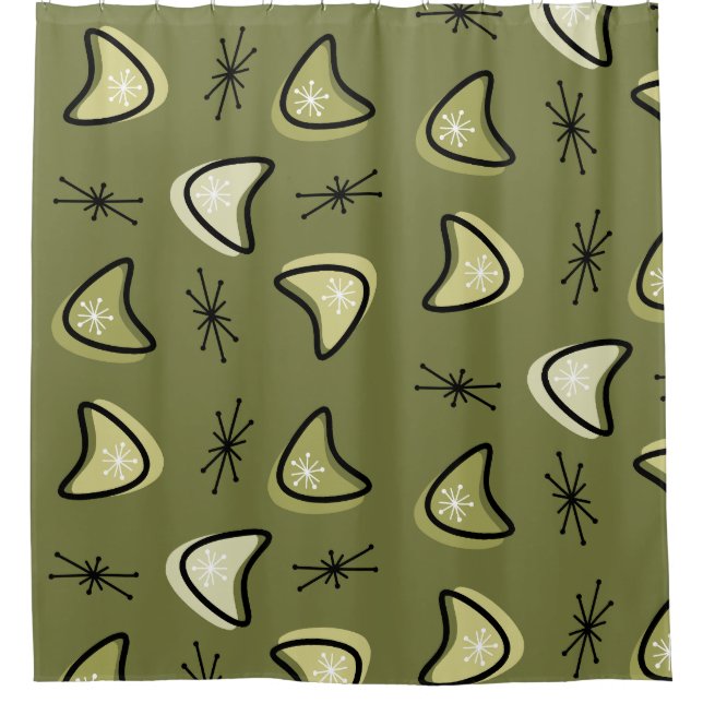 Rideaux De Douche Boomerangs atomiques Starbursts Olive Green (Devant)
