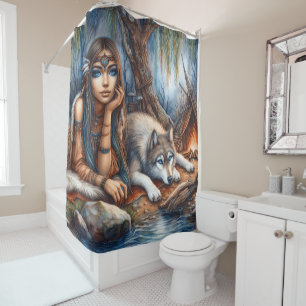 Rideaux De Douche Bord d'une rivière paisible avec un ami loup