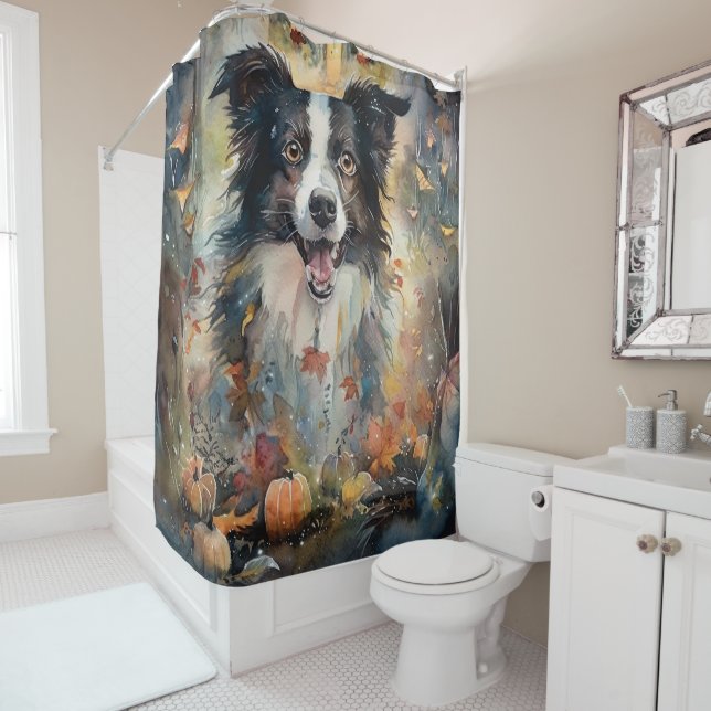 Rideaux De Douche Border Collie Halloween avec citrouilles effrayant (En situation)