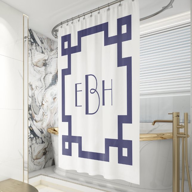 Rideaux De Douche Bordure Clé Grecque Bleu Marine Monogramme Deco Bl (Créateur téléchargé)