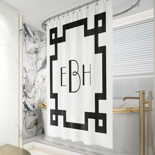 Rideaux De Douche Bordure Clé Grecque Noir et Blanc Monogramme Déco (Créateur téléchargé)