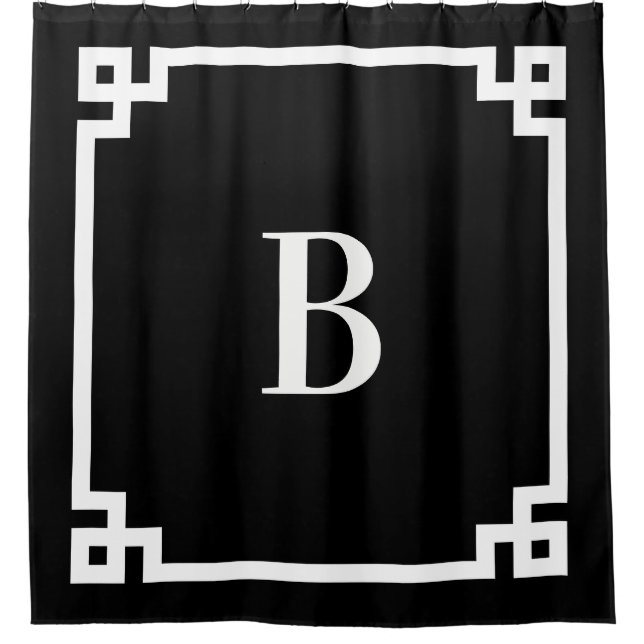 Rideaux De Douche Bordure de clé grecque noire et blanche Monogramme (Devant)