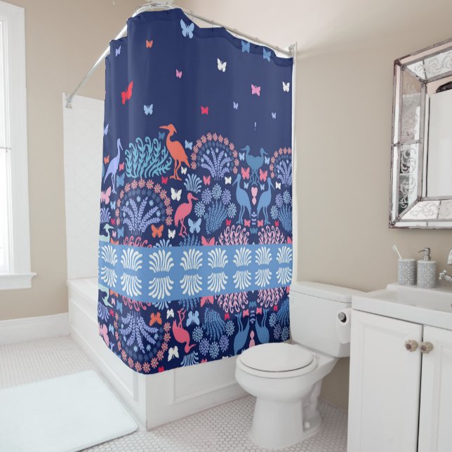 Rideaux De Douche Bordure de jardin papillon oiseau fleurs     (En situation)