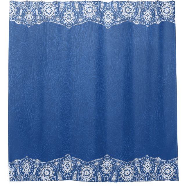 Rideaux De Douche Bordure en cuir bleu texture dentelle blanche (Devant)