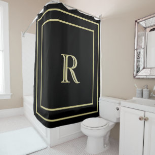 Rideaux De Douche Bordure or élégant et Monogramme personnalisé Noir