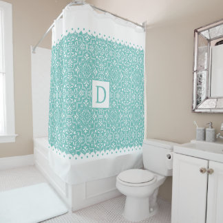 Rideaux De Douche Bordures turquoises et blanches légères monogramme