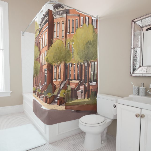 Rideaux De Douche Boston Brownstones | Beacon Street Watercolor (En situation)