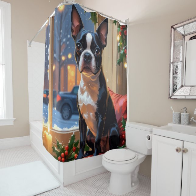 Rideaux De Douche Boston Terrier avec Noël Lumières (En situation)