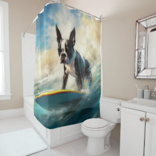 Rideaux De Douche Boston Terrier Beach Surfing Peinture