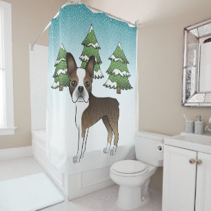 Rideaux De Douche Boston Terrier bringé dans une forêt hivernale