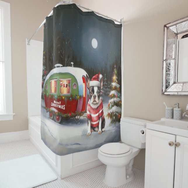 Rideaux De Douche Boston Terrier Caravan Christmas Adventure (En situation)