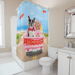 Rideaux De Douche Boston Terrier Chien Valentine's Day Truck Hearts
