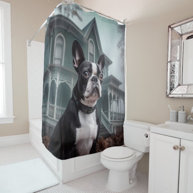 Rideaux De Douche Boston Terrier Halloween effrayant (En situation)