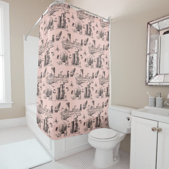 Rideaux De Douche Boston Toile rose et noir (En situation)