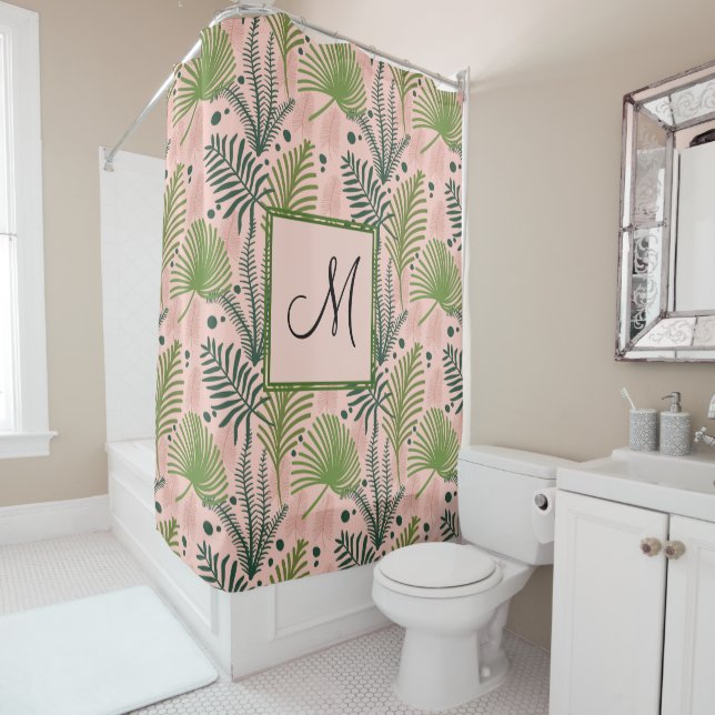 Rideaux De Douche Botanique Feuilles et Monogramme rose (En situation)