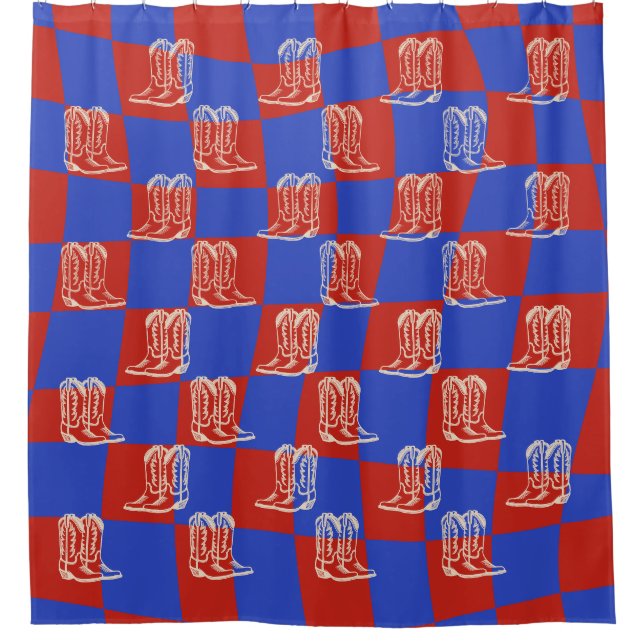 Rideaux De Douche Bottes de cowboy occidentales bleues rouges (Devant)