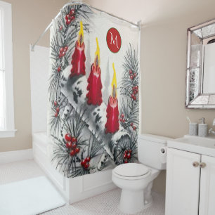 Rideaux De Douche Bougies rouges de Noël vintage en bois de bouleau