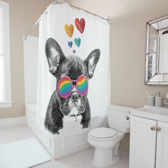 Rideaux De Douche Bouledogue français avec coeurs Saint-Valentin  (En situation)