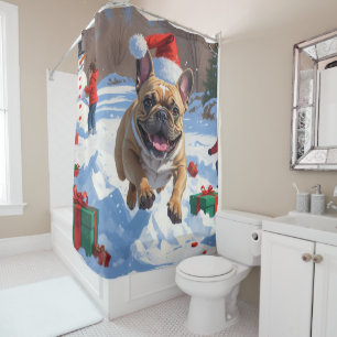 Rideaux De Douche Bouledogue français courant dans la neige avec un