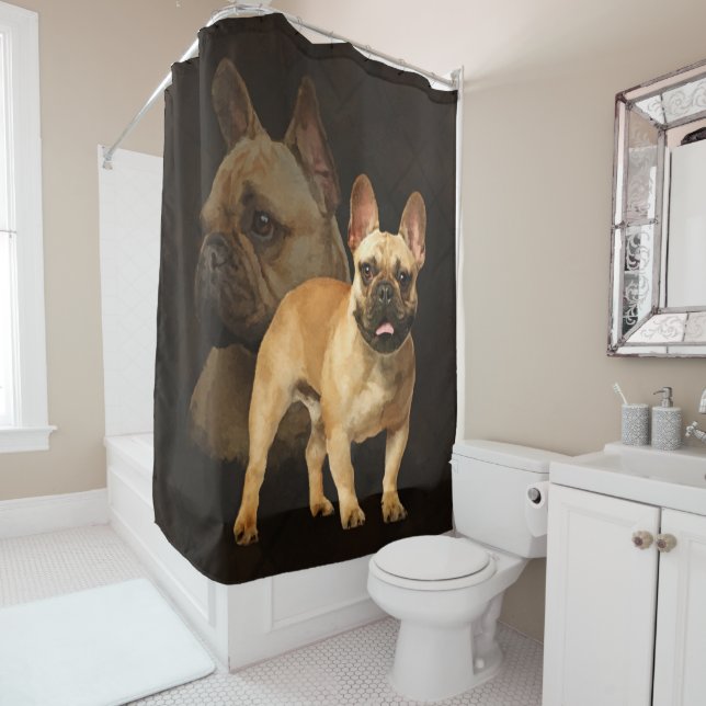 Rideaux De Douche Bouledogue français - Frenchie - plaid Brown (En situation)