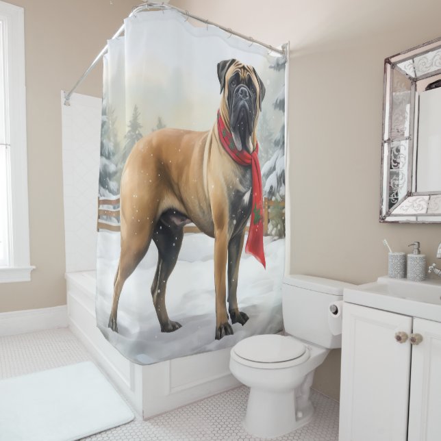 Rideaux De Douche Bouledogue Mastiff dans la neige de Noël (En situation)