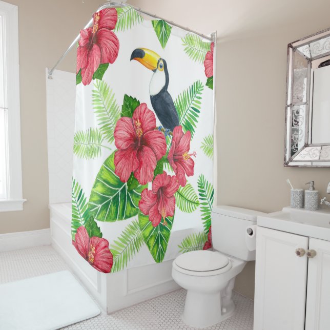 Rideaux De Douche Bouquet Toucan et tropical (En situation)