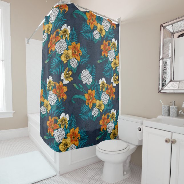 Rideaux De Douche Bouquet tropical sur bleu (En situation)