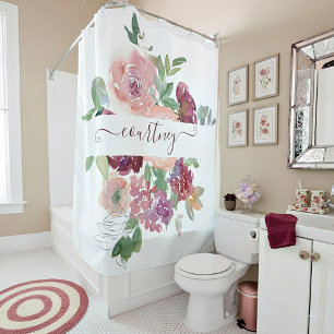 Rideaux De Douche Bourgogne et rose aquarelle florale personnalisée