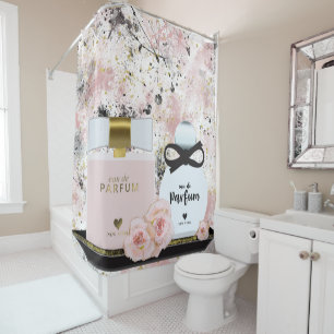 Rideaux De Douche Bouteilles de parfum New York Or et Roses Rose Blu