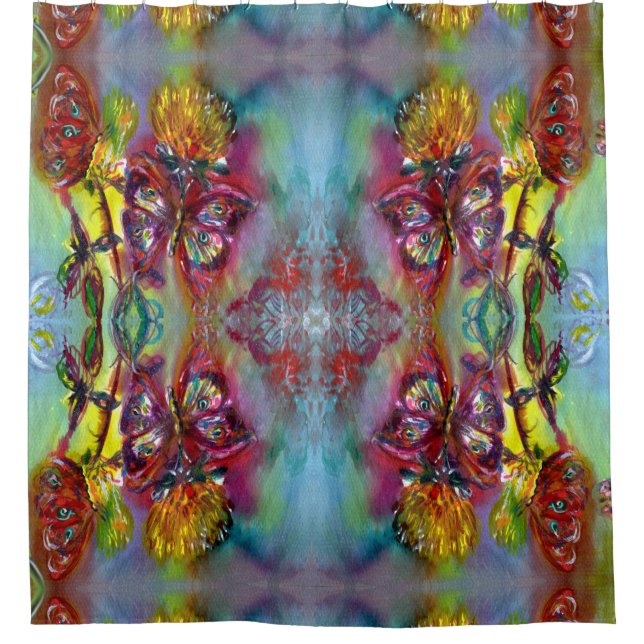 RIDEAUX DE DOUCHE BOUTEILLES ROUGES SUR THISTLES JAUNES, CIEL BLEU F (Devant)