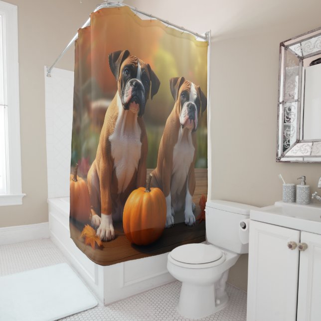 Rideaux De Douche Boxer Chiot Automne Citrouille de plaisir (En situation)