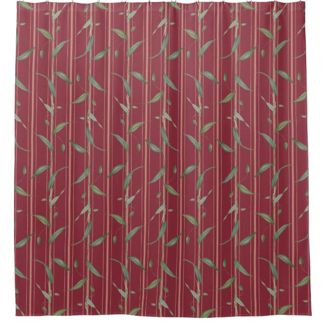 Rideaux De Douche Branche de feuilles sur papier peint rouge (Devant)