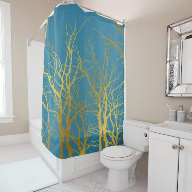 Rideaux De Douche Branches Gold Tree Motif Arrière - plan bleu (En situation)