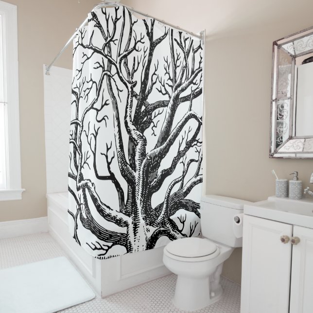 Rideaux De Douche Branches rustiques Abstraites en noir et blanc (En situation)