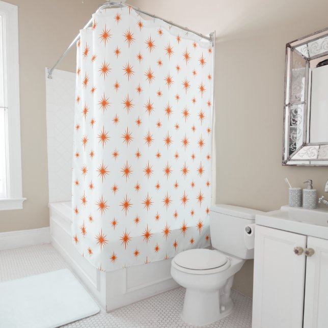 Rideaux De Douche Bright Orange Atomic Starburst Motif du milieu du  (En situation)