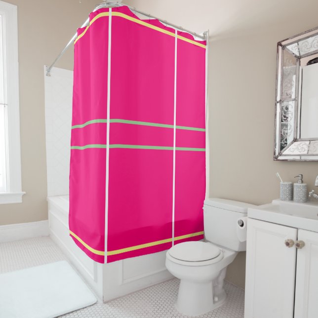 Rideaux De Douche Bright Pink Greenl Yellow Geometric  (En situation)