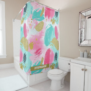 Rideaux De Douche Brochures Abstraites colorées - Menthe et rose (1)
