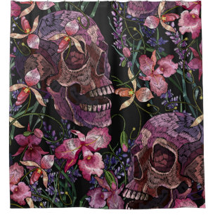 Rideaux De Douche Broderie crâne humain et fleurs d'orchidées rose