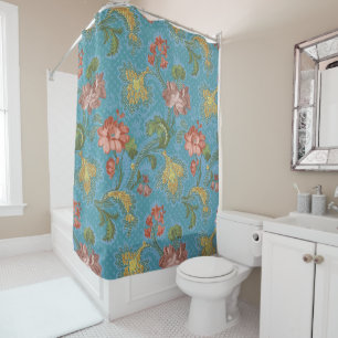 Rideaux De Douche Broderie dorée à motif floral en damas bleu antiqu